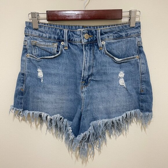 Good American Distressed Raw Hem Denim Shorts, Size 2 / 26 - Picture 1 of 9